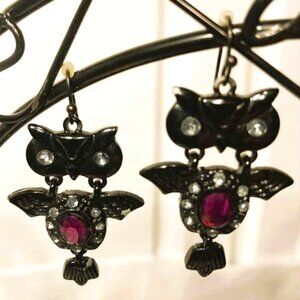 BLACK ENAMELED STEEL & CRYSTAL HALLOWEEN OWL DANGLE EARRINGS